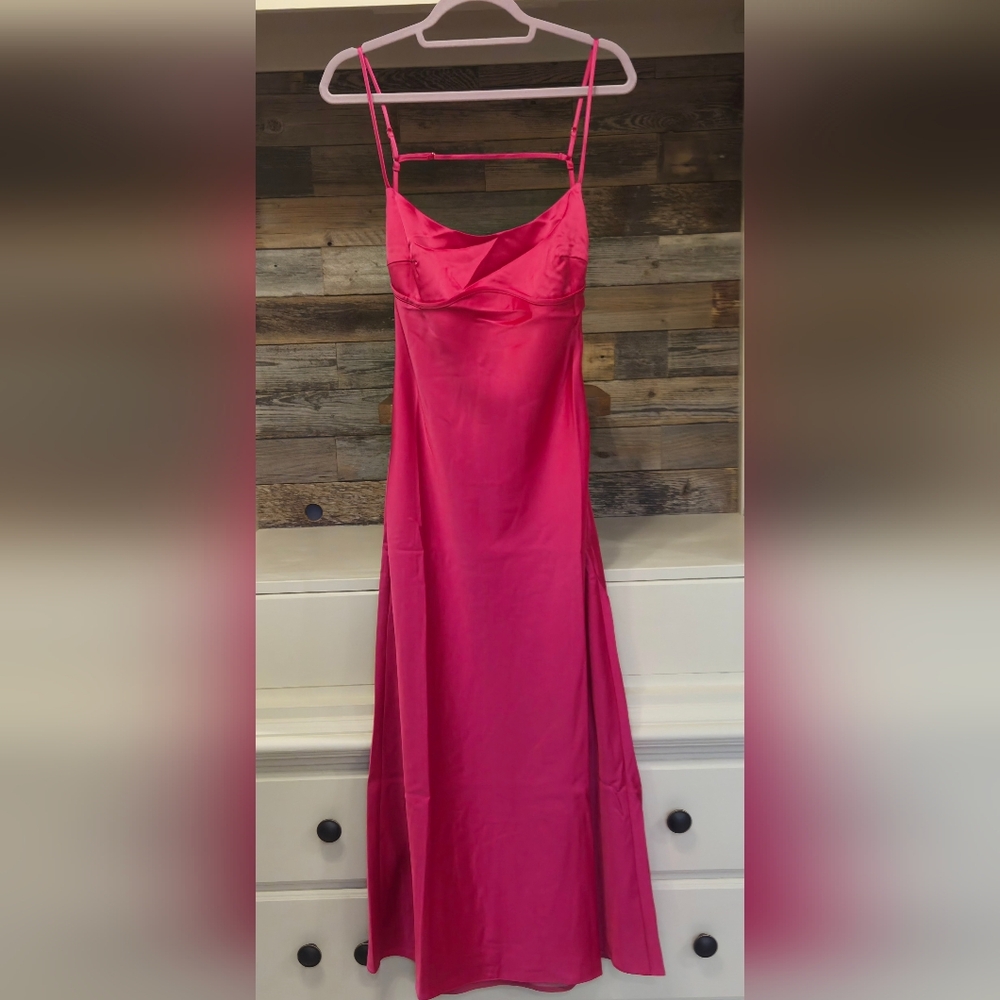 Dance & Marvel Fushsia Pink Adjustable Spaghetti Strap Maxi Gown With Back Slit!